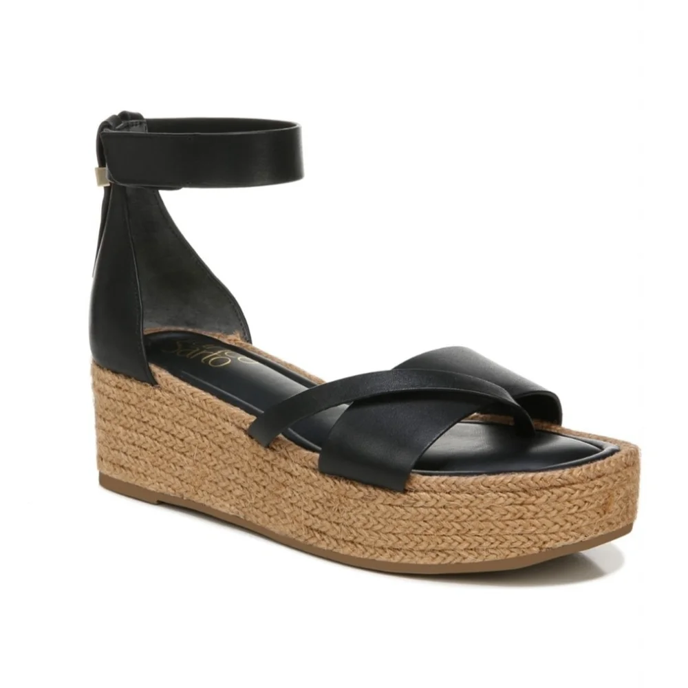 Franco Sarto Verita LEATHER Espadrille Platform Thong Sandal SZ 10 M BLACK